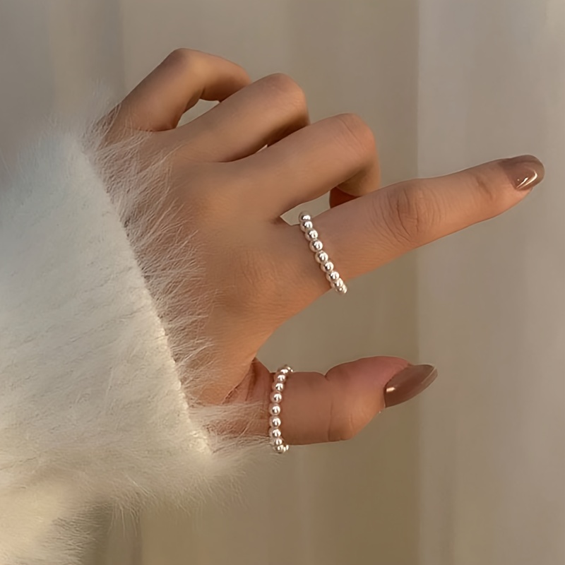 2 Elastic Pearl Rings Adjustable Beaded Rings for Daily Wear